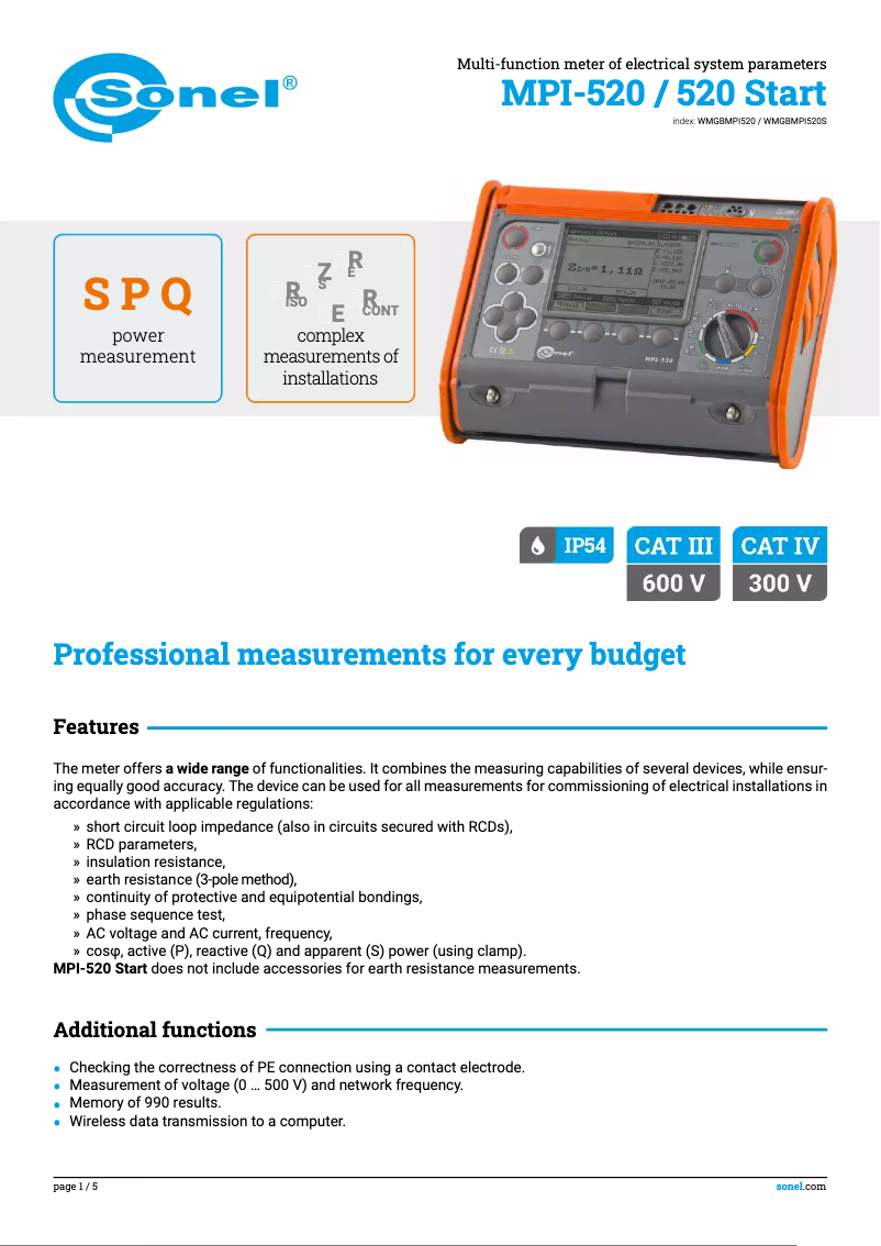 Page 1 de la notice Fiche technique Sonel MPI-520