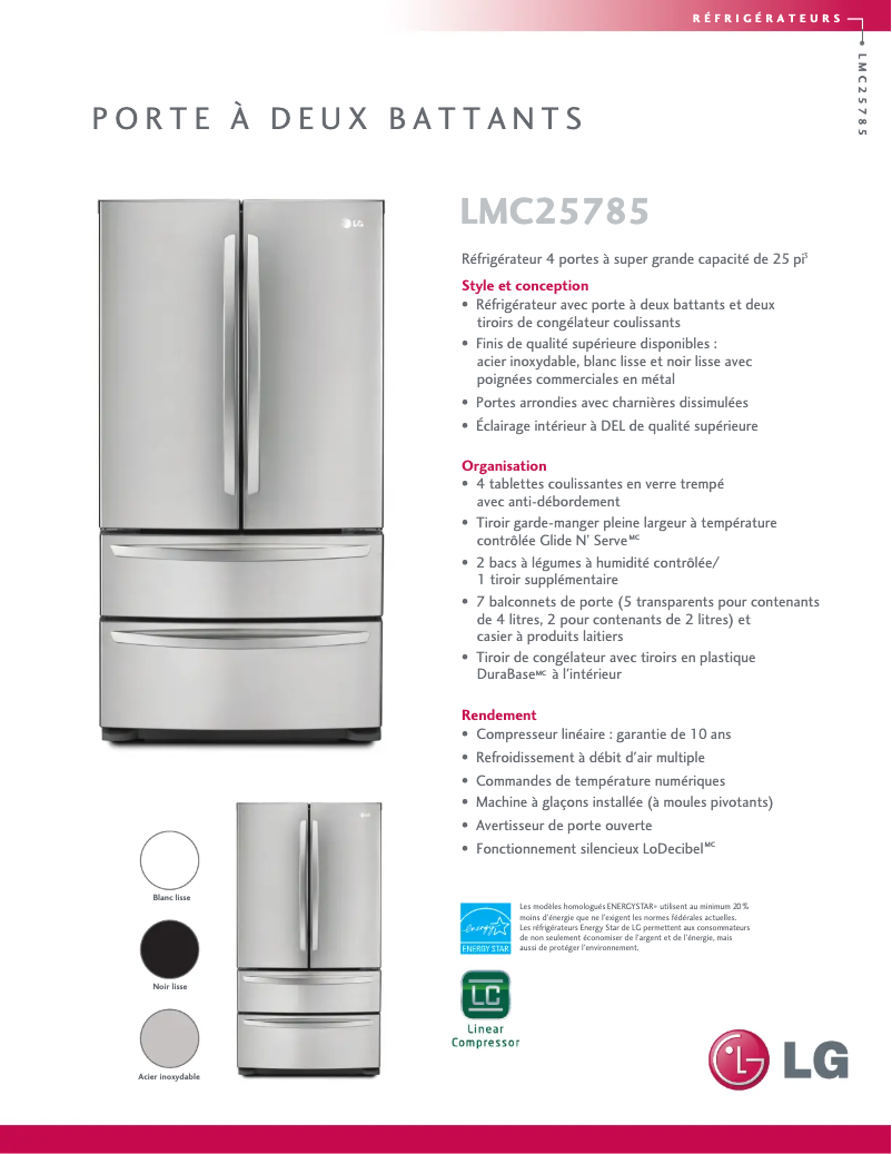 Page 1 de la notice Fiche technique LG LMC25785SB