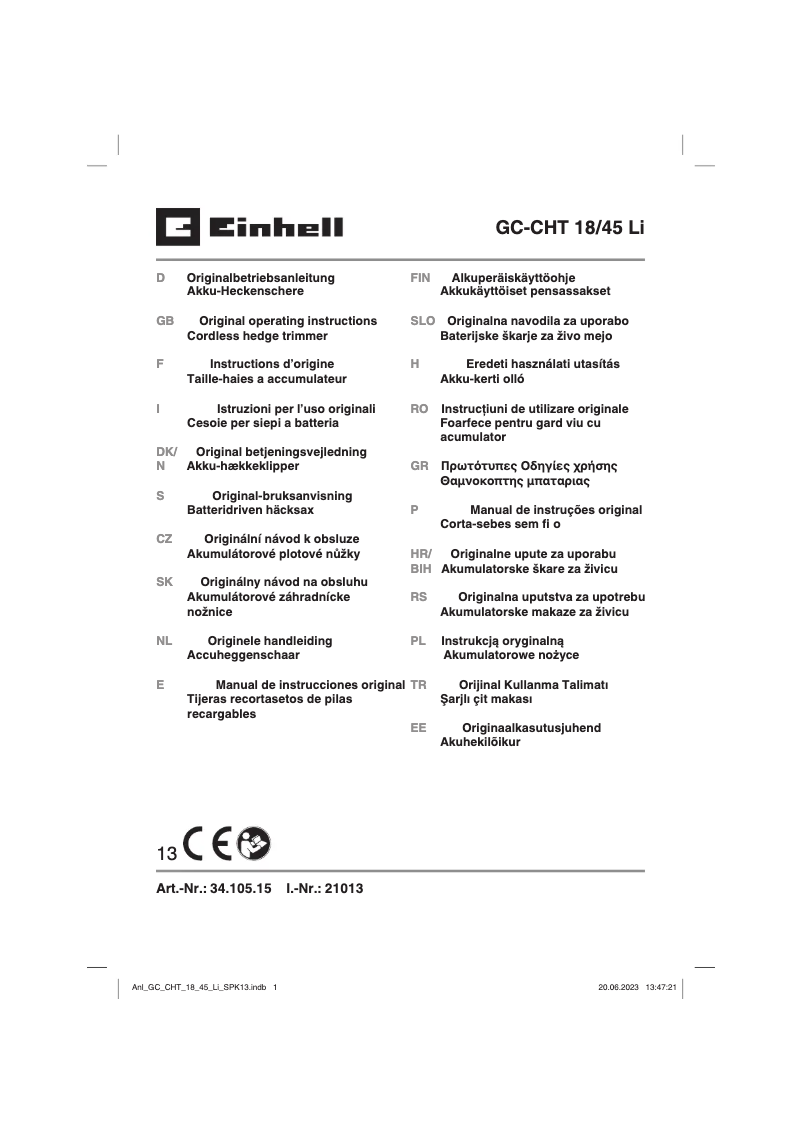 Page 1 de la notice Manuel utilisateur Einhell GC-CHT 18/45 Li
