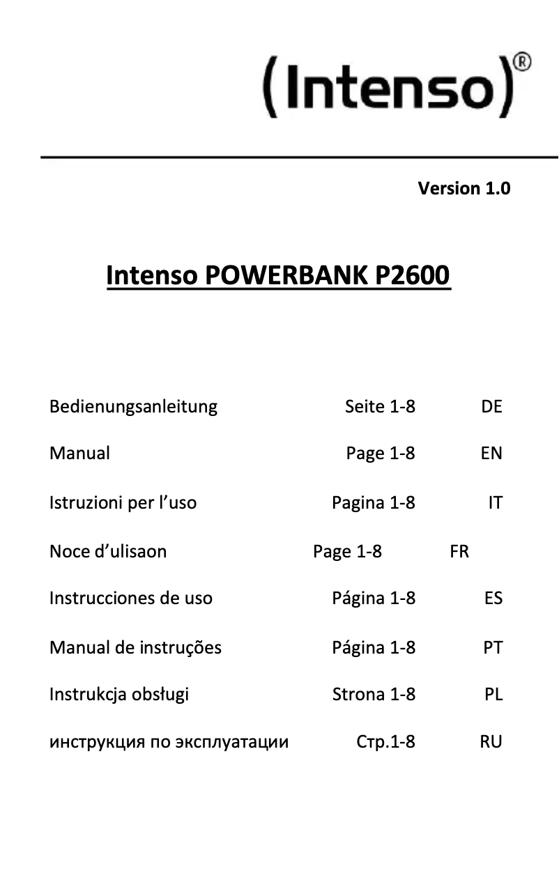 Page 1 de la notice Manuel utilisateur Intenso Powerbank P2600