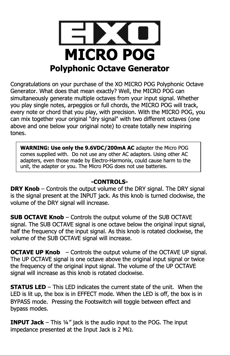 Page 1 de la notice Manuel utilisateur Electro Harmonix Micro POG
