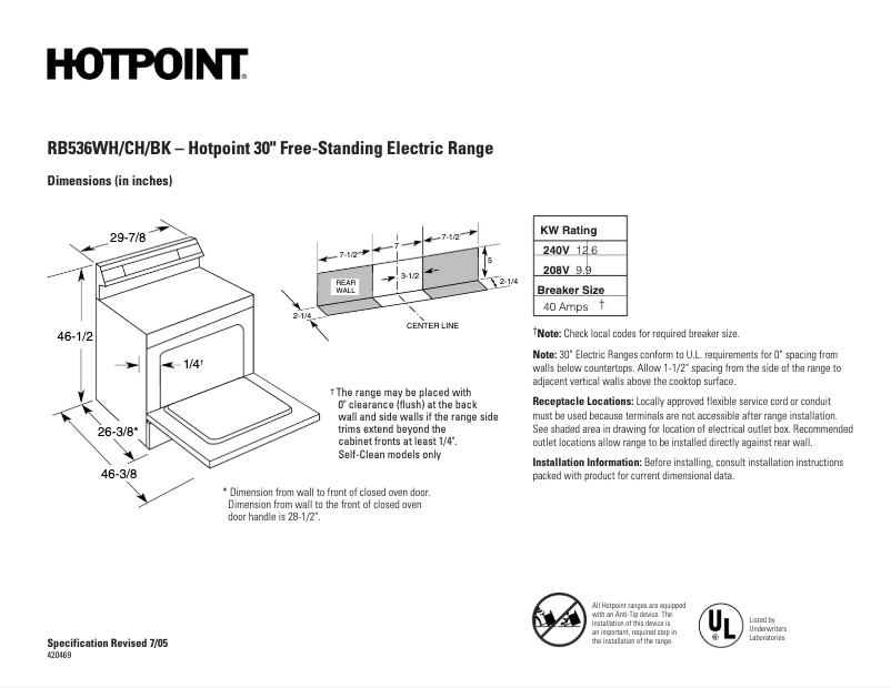 Page 1 de la notice Fiche technique Hotpoint RB536WHWW