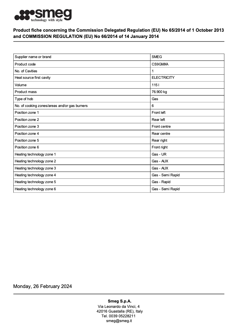 Page 1 de la notice Fiche technique Smeg CS9GMXA