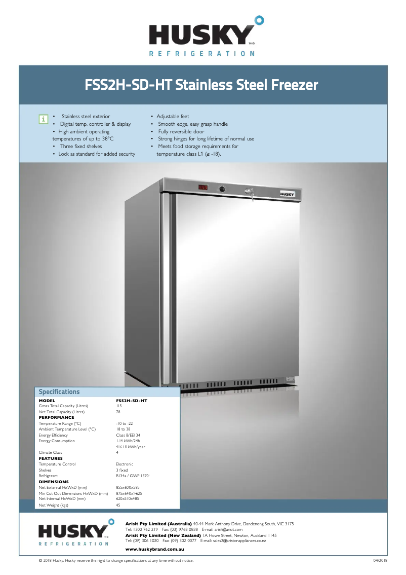 Page 1 de la notice Fiche technique Husky FSS2H-SD-HT