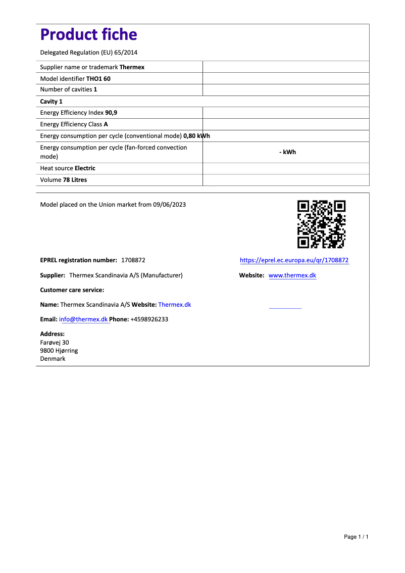 Page n°1 - Fiche technique Thermex THO1 60