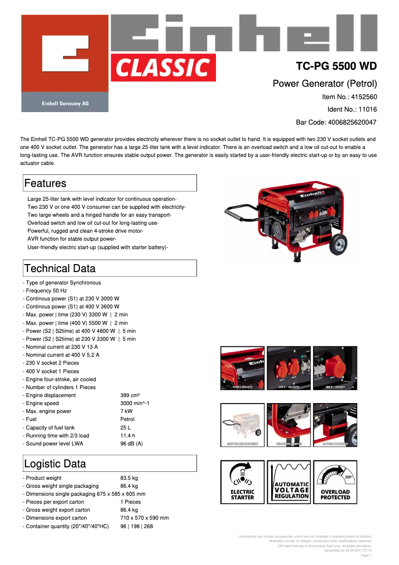 Page 1 de la notice Fiche technique Einhell TC-PG 5500 WD