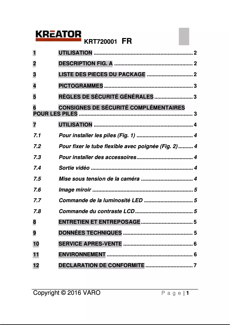 Page 1 de la notice Manuel utilisateur Kreator KRT720001
