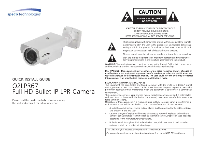 Page 1 de la notice Guide de démarrage rapide Speco Technologies O2LPR67
