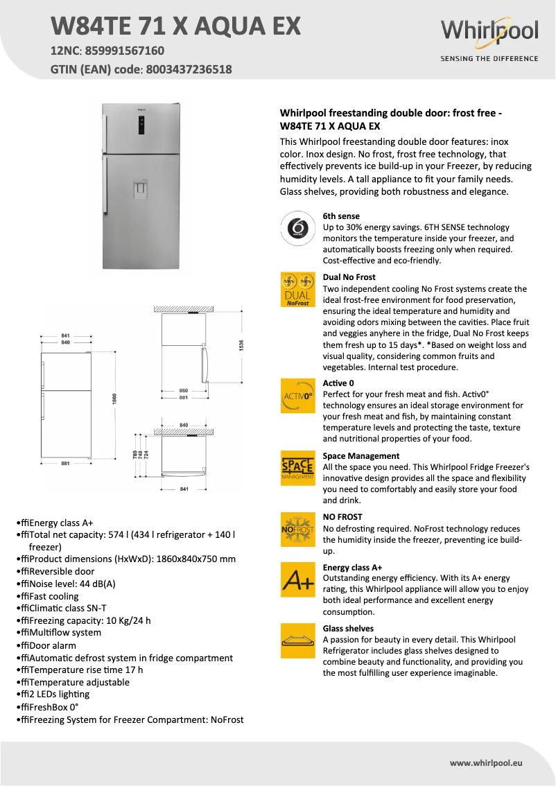 Page 1 de la notice Fiche technique Whirlpool W84TE 71 X AQUA EX