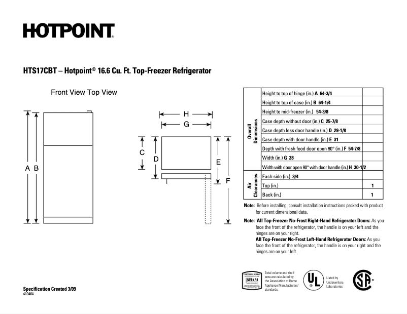 Page 1 de la notice Fiche technique Hotpoint HTS17CBTBB