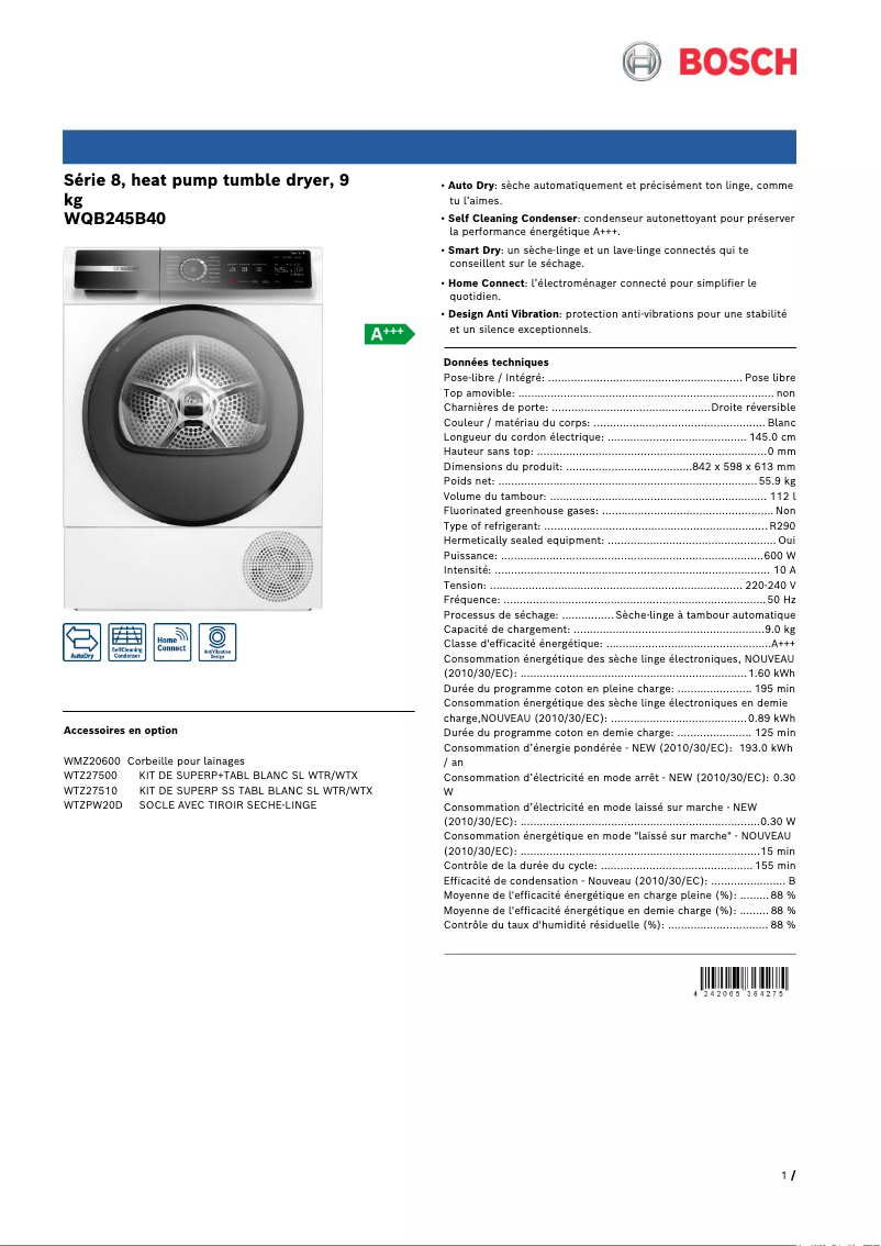 Page 1 de la notice Fiche technique Bosch WQB245B40