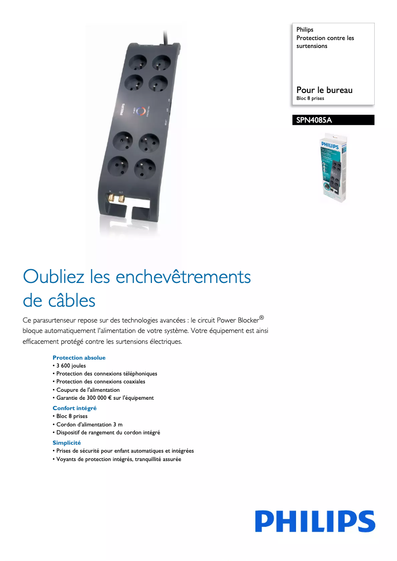 Page 1 de la notice Fiche technique Philips SPN4085A