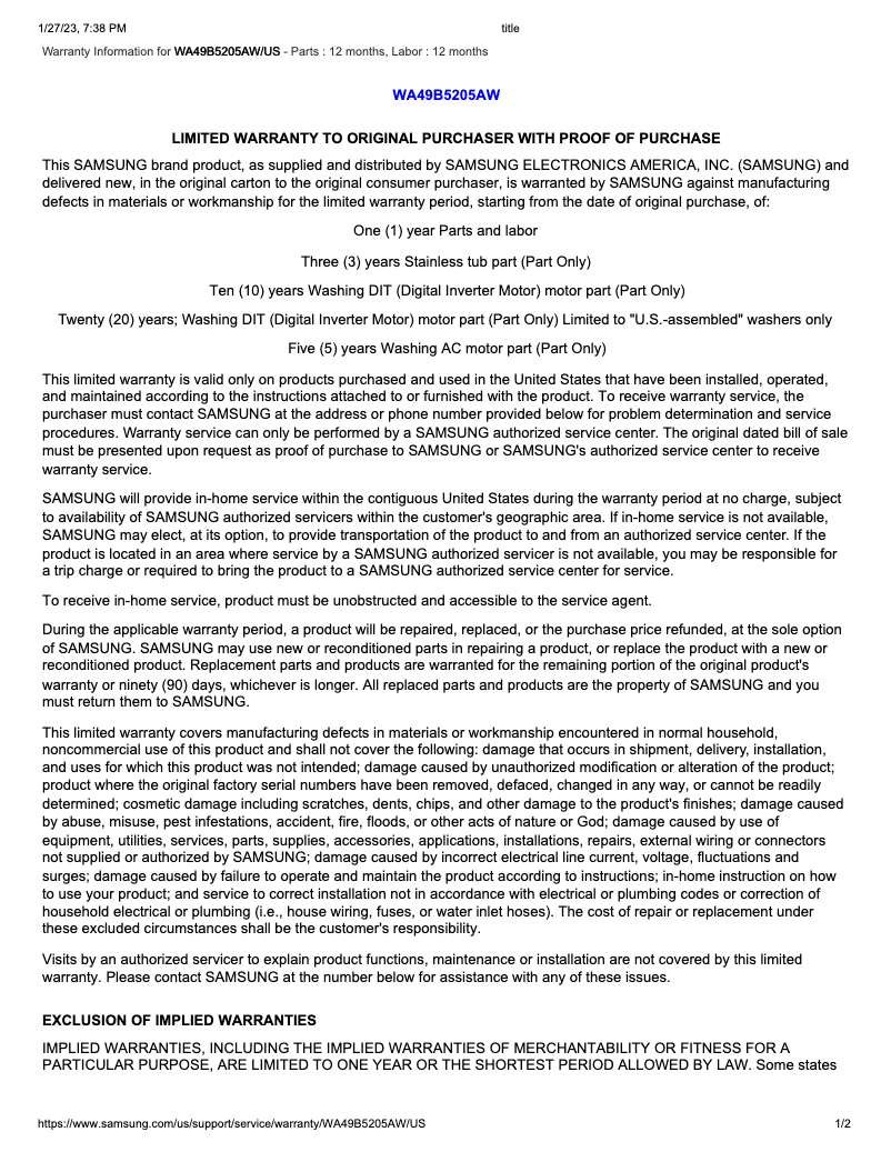 Image de la première page du manuel de l'appareil WA49B5205AW