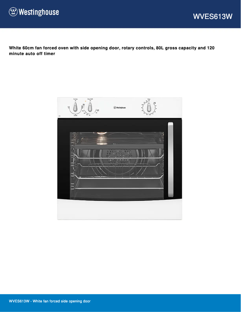 Page 1 de la notice Fiche technique Westinghouse WVES613W