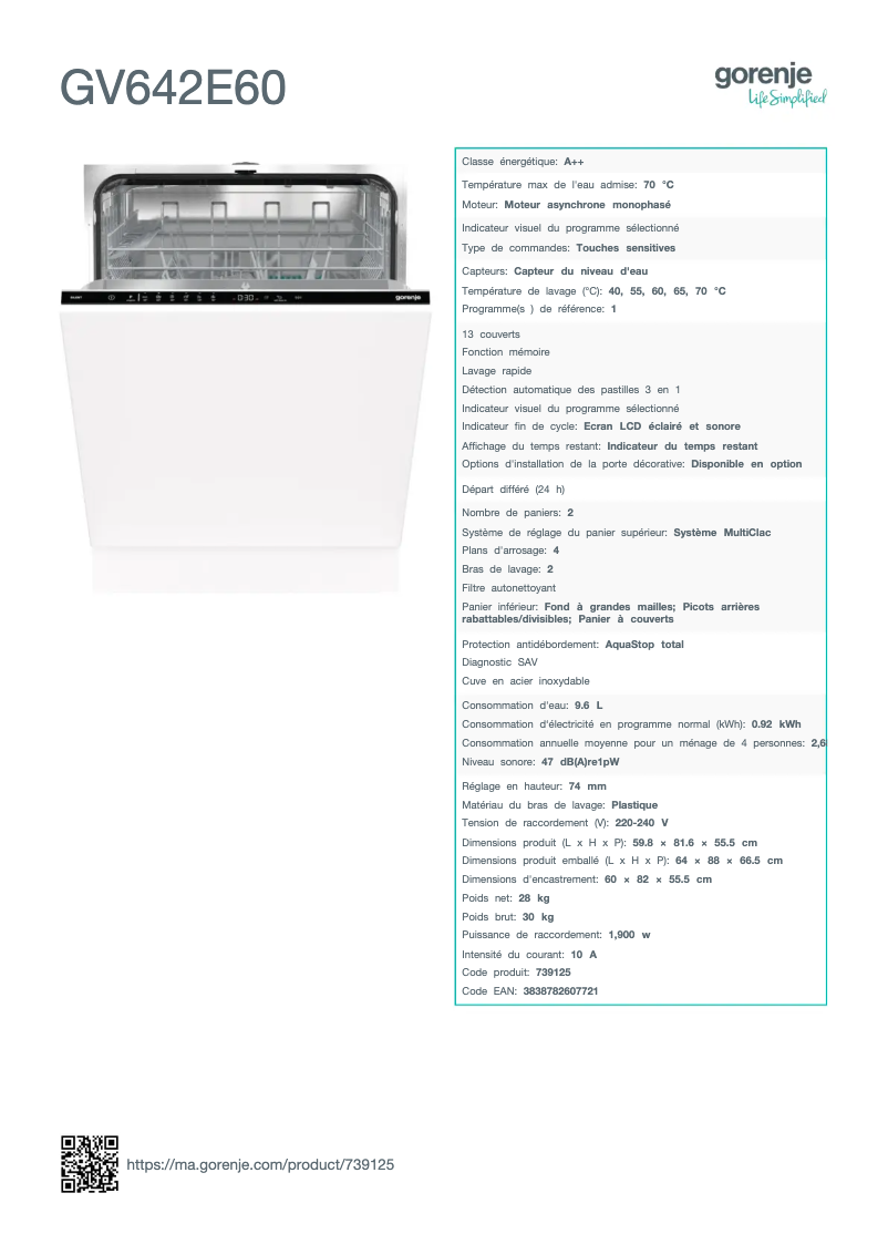 Page 1 de la notice Fiche technique Gorenje GV642E60