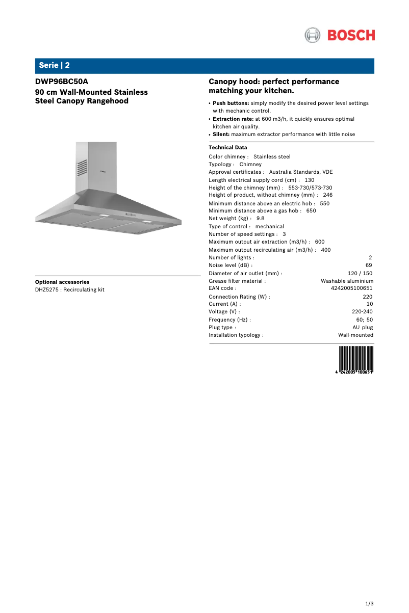 Page 1 de la notice Fiche technique Bosch DWP96BC50A