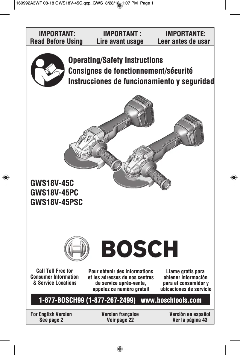 Page n°1 - Manuel utilisateur Bosch GWS18V-45CN