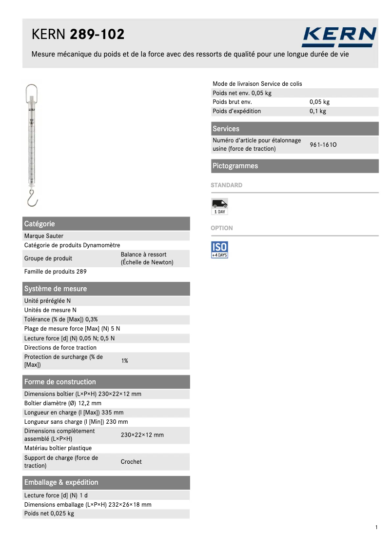 Página 1 del manual Ficha técnica Kern 289-102