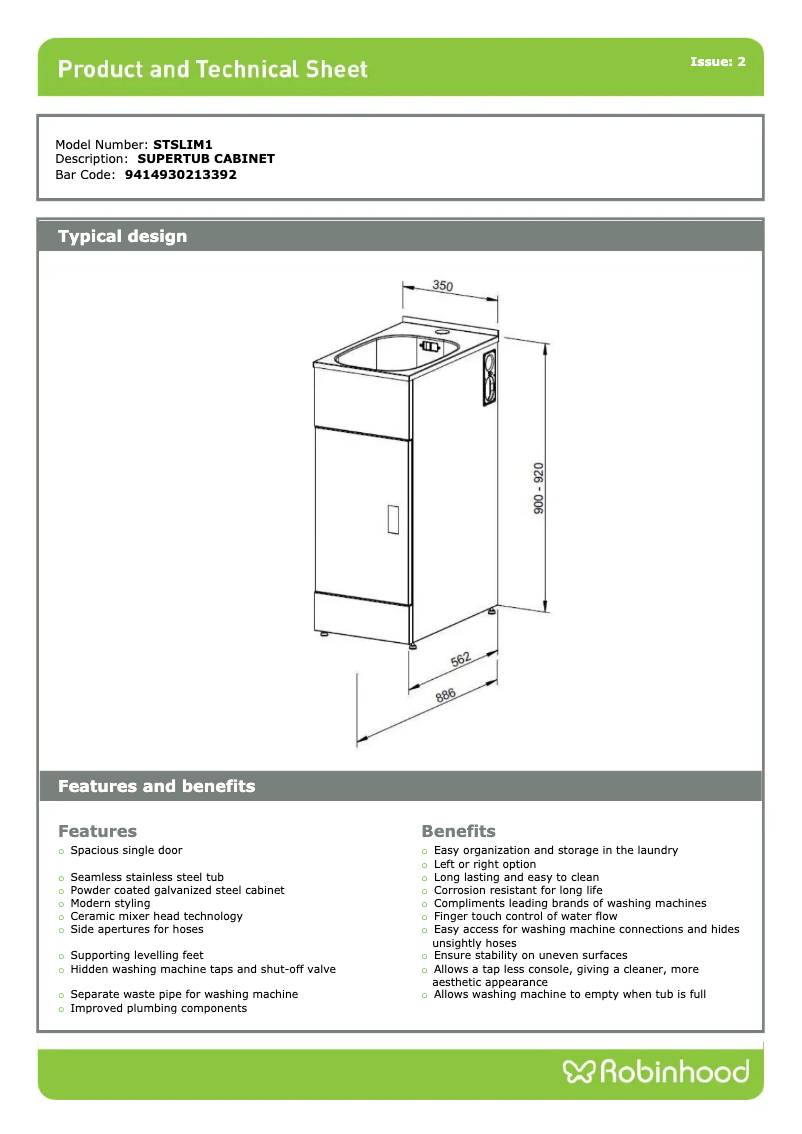 Page 1 de la notice Fiche technique Robinhood STSLIM1A