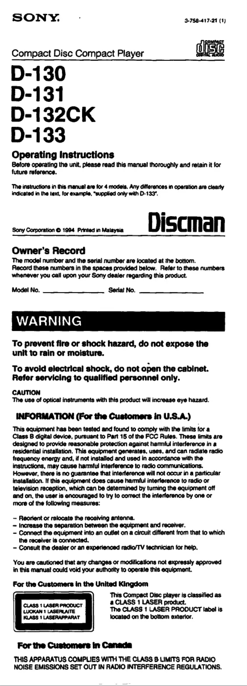 Page 1 de la notice Manuel utilisateur Sony Discman D-130