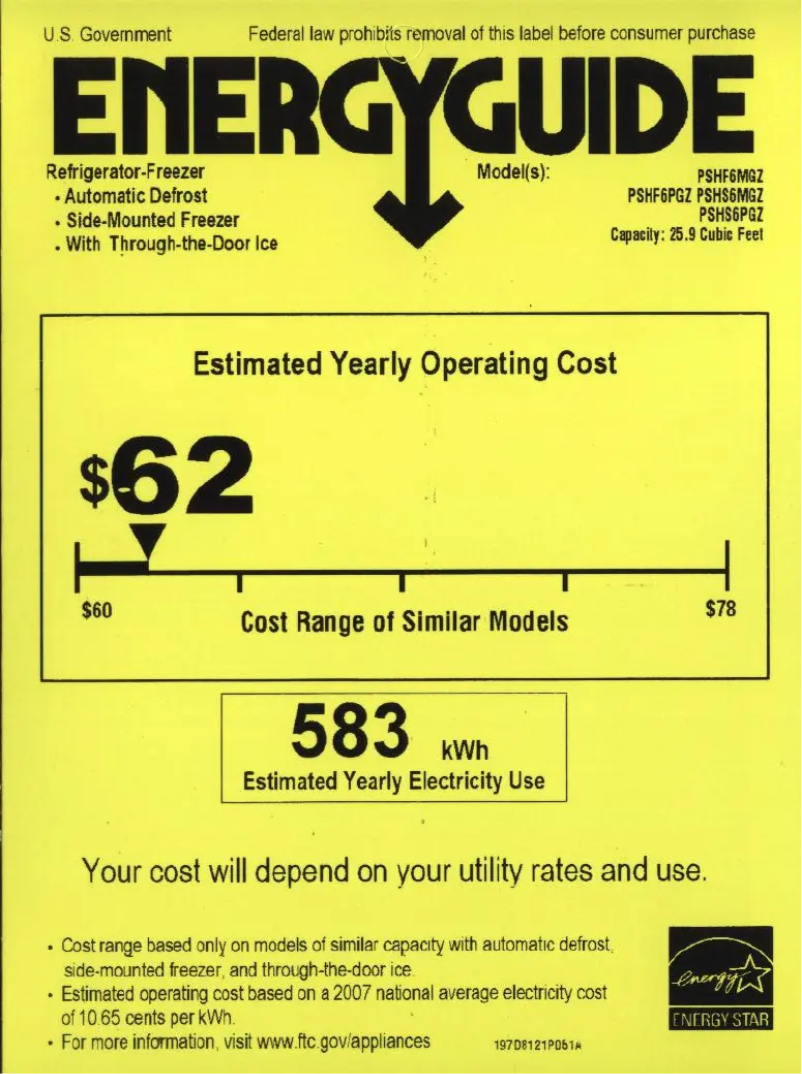Page 1 de la notice Label énergétique GE Profile PSHF6MGZBB