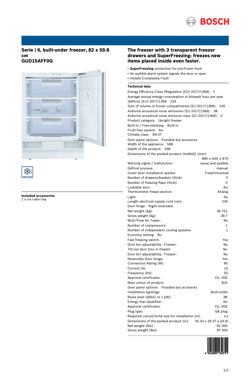 Page 1 of the manual Technical Sheet Bosch Serie 6 GUD15AFF0G