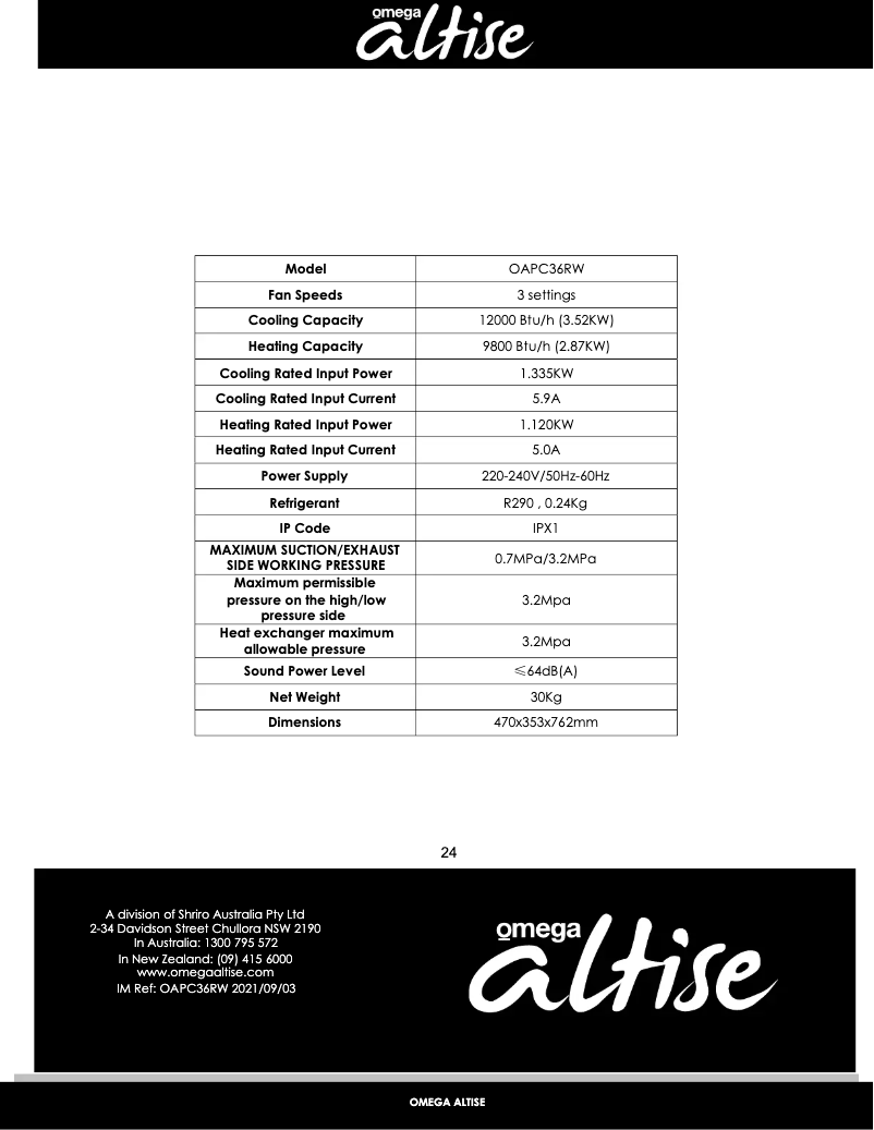 Page n°1 - Fiche technique Omega Altise OAPC36RW