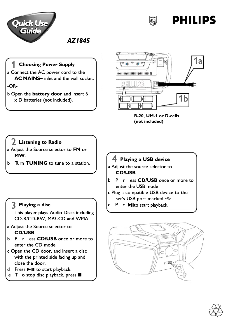 Page 1 de la notice Guide de démarrage rapide Philips AZ1845