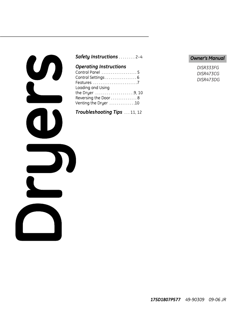 Page n°1 - Manuel d'utilisation et d'entretien GE DISR473DTWW