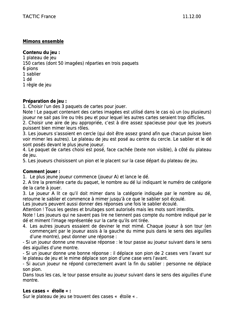 Page 1 de la notice Manuel utilisateur Tactic Mimons Ensemble