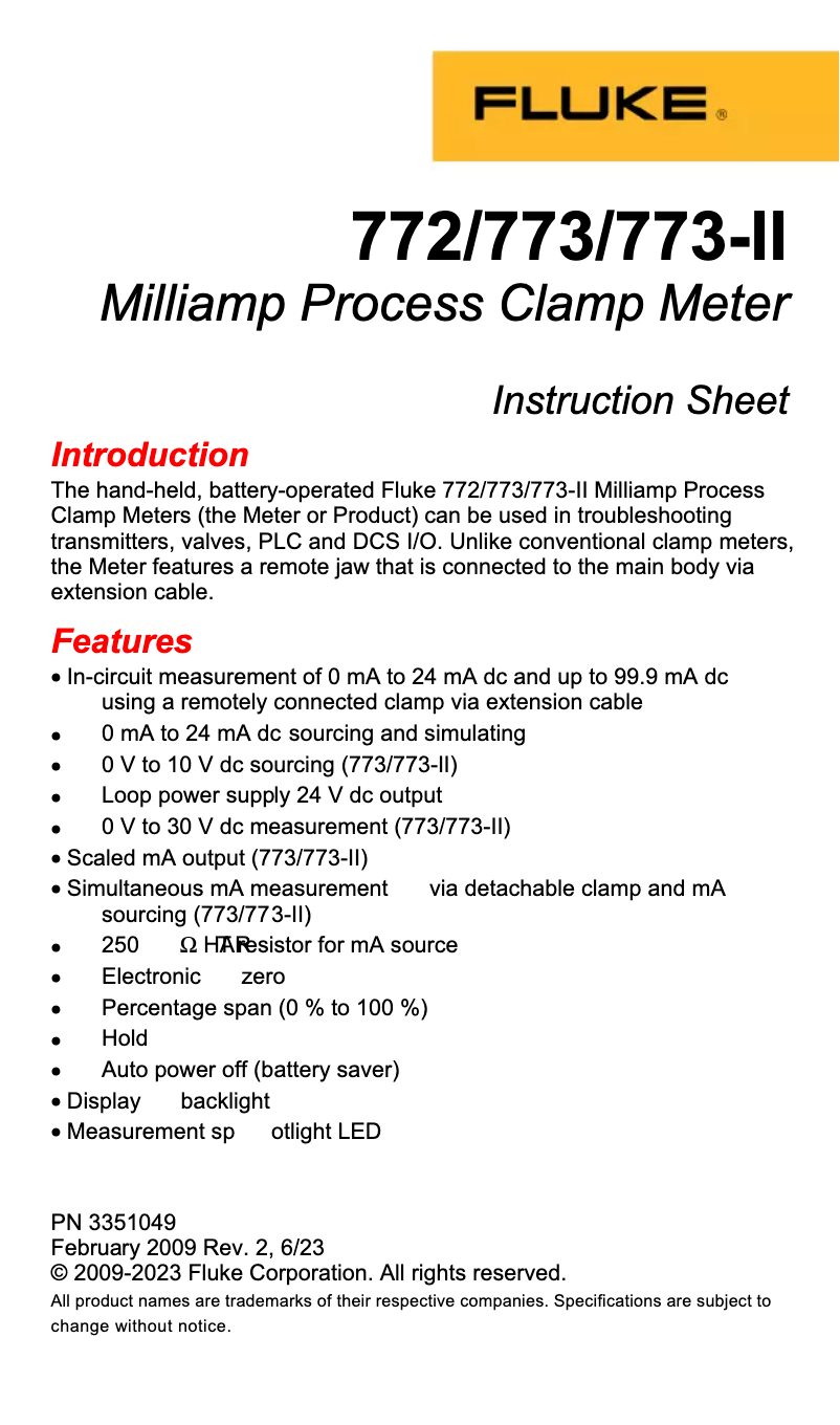 Page 1 de la notice Instructions / montage Fluke 772