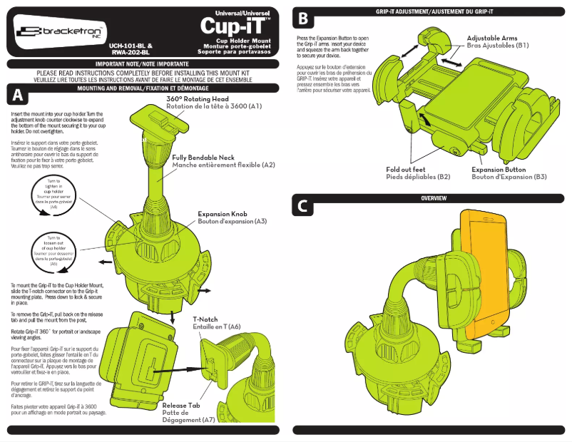 Page 1 de la notice Manuel utilisateur Bracketron Cup-iT