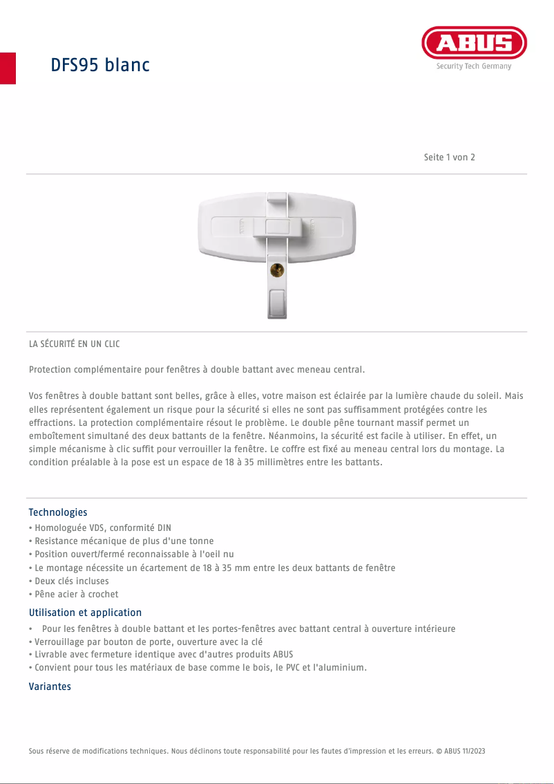 Page n°1 - Fiche technique Abus DFS95
