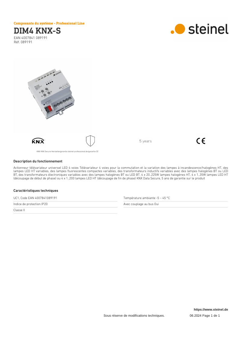 Page n°1 - Fiche technique Steinel DIM4 KNX