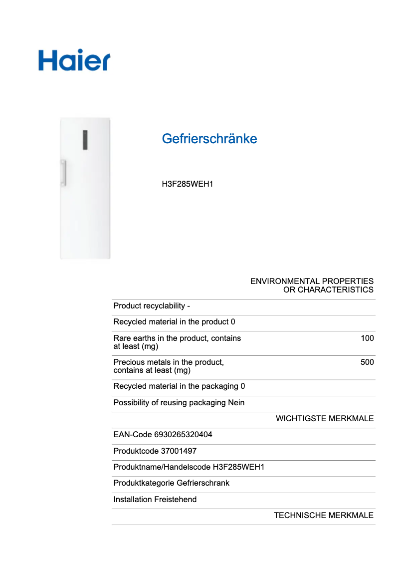 Página 1 del manual Etiqueta energética Haier H3F-285WE