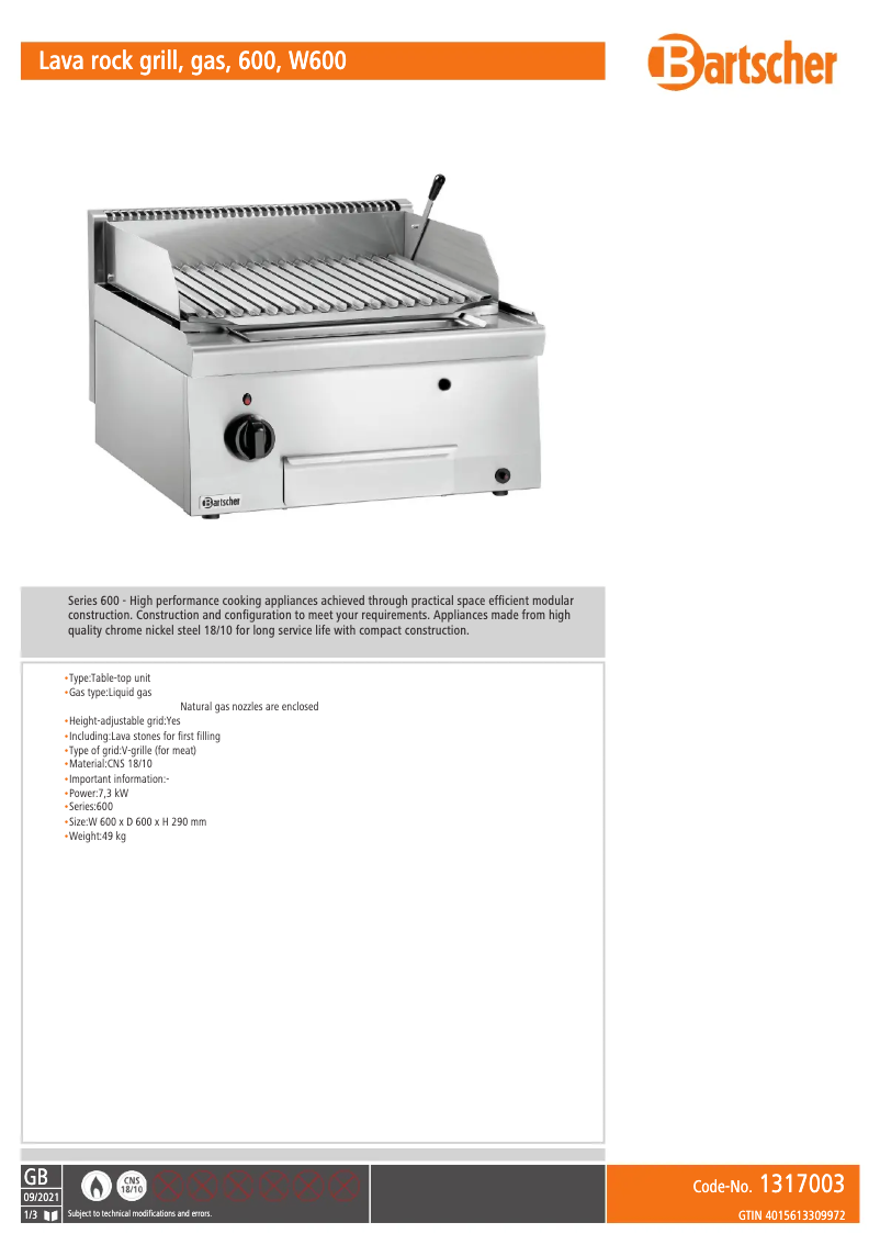 Page n°1 - Fiche technique Bartscher 1317003