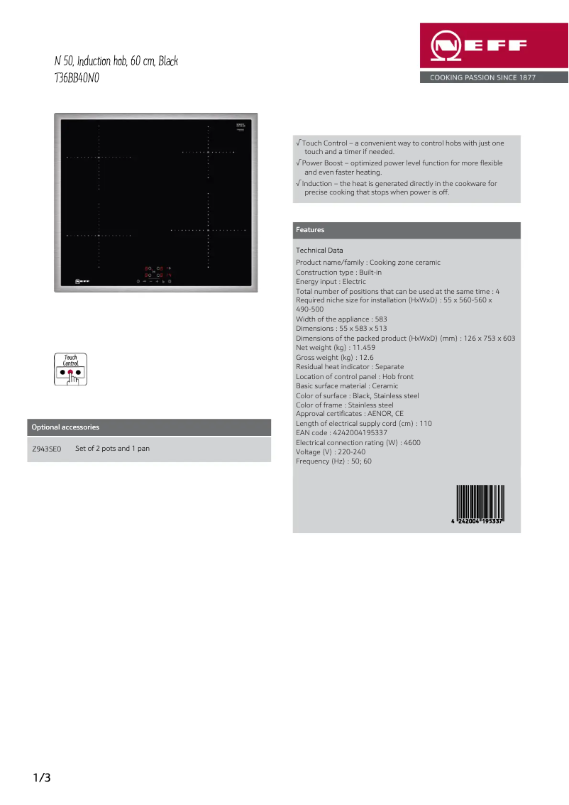 Page n°1 - Fiche technique Neff T36BB40N0