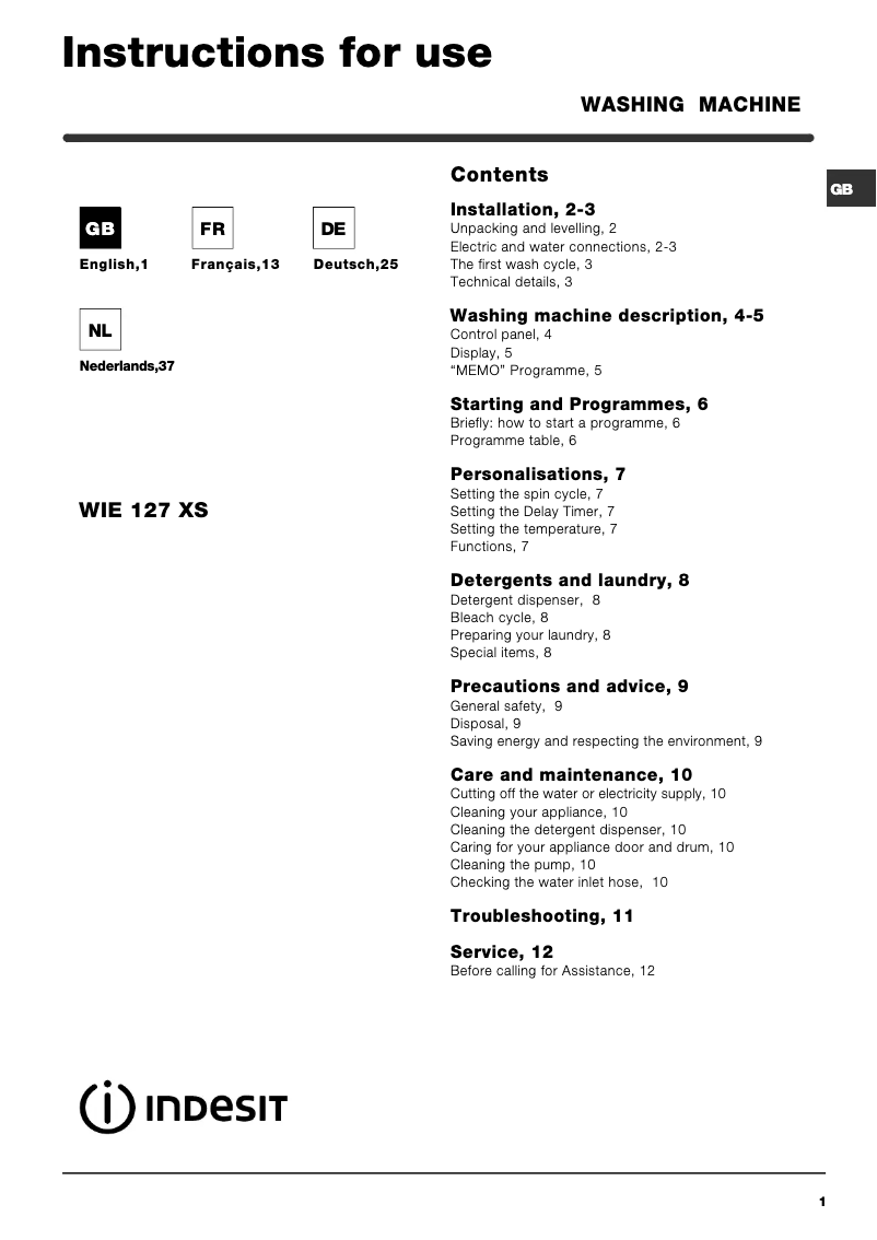 Page n°1 - Manuel utilisateur Indesit WIE 127 XS EX