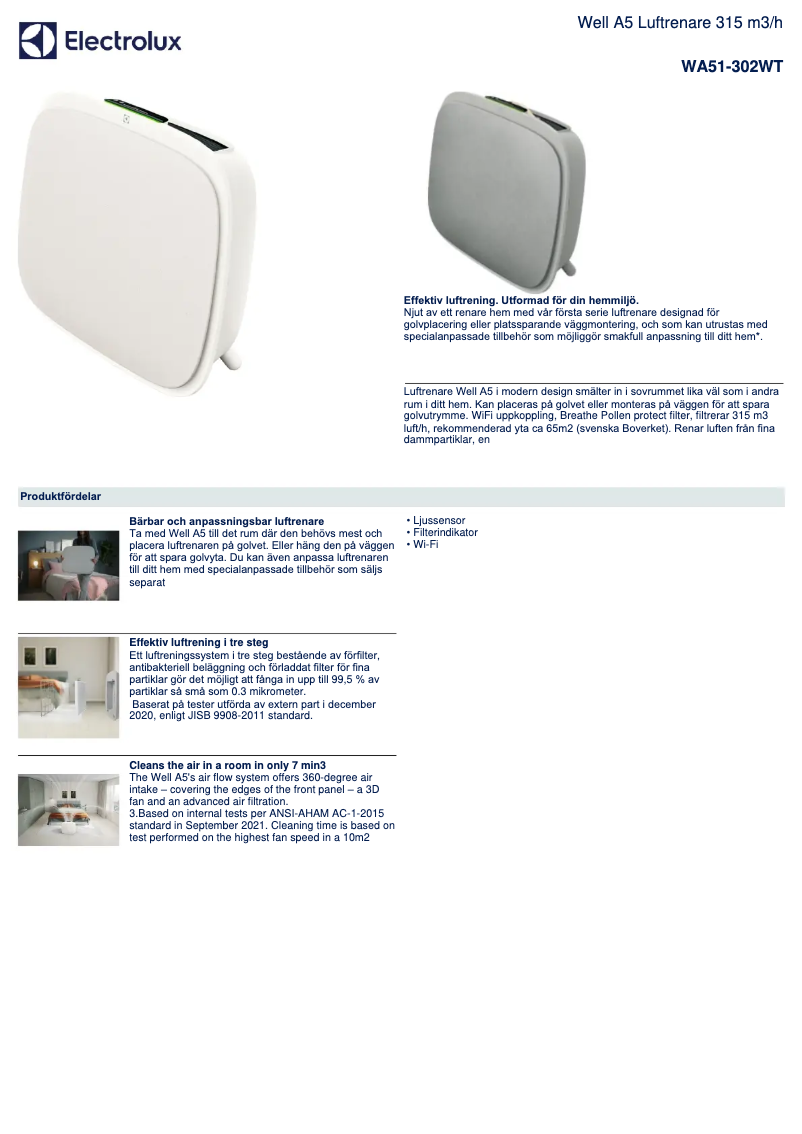 Page 1 de la notice Fiche technique Electrolux Well A5 WA51-302WT
