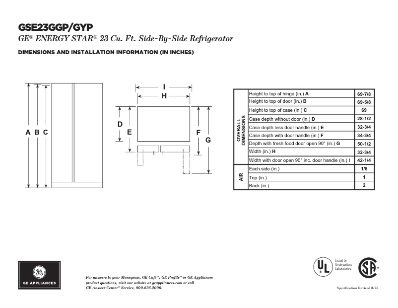 Page n°1 - Fiche technique GE GSE23GGPWW