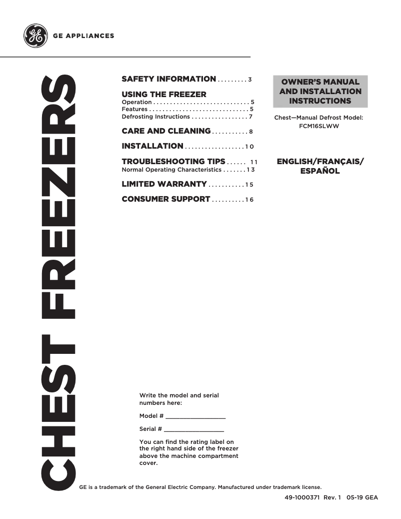 Page n°1 - Manuel d'utilisation et d'entretien GE FCM16SLWW