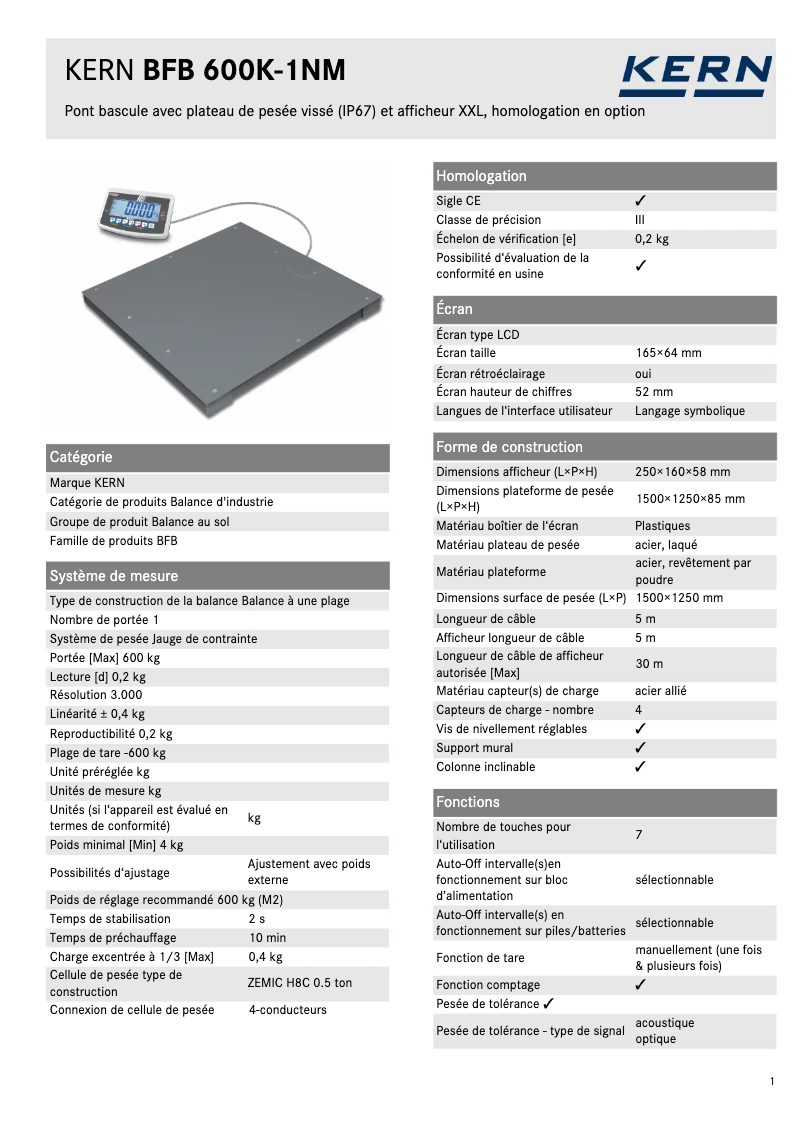Page 1 de la notice Fiche technique Kern BFB 600K-1AM