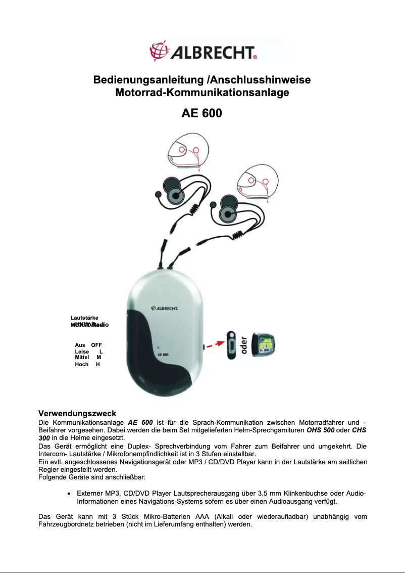 Page 1 de la notice Manuel utilisateur Midland Albrecht AE600
