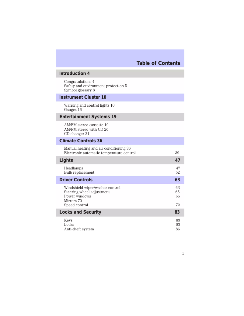 Page 1 de la notice Manuel utilisateur Mercury Sable (2002)