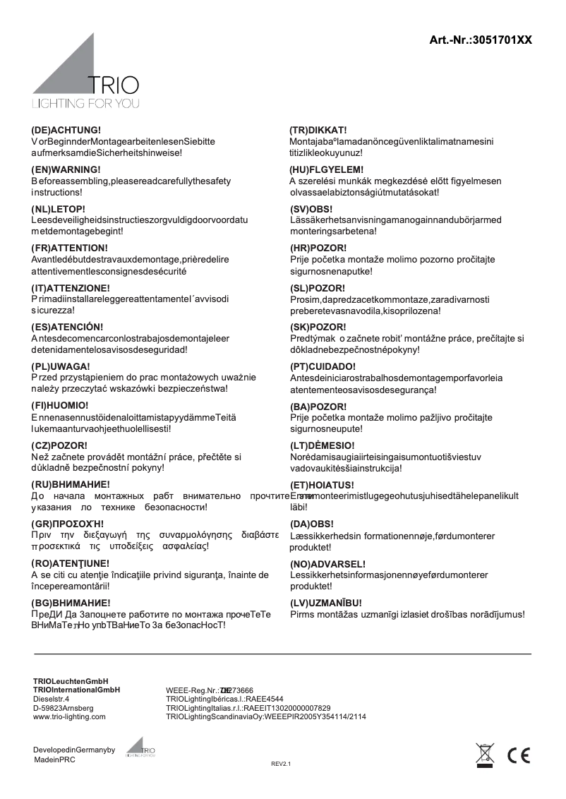 Page n°1 - Manuel utilisateur Trio Lighting Carlotta 305170107