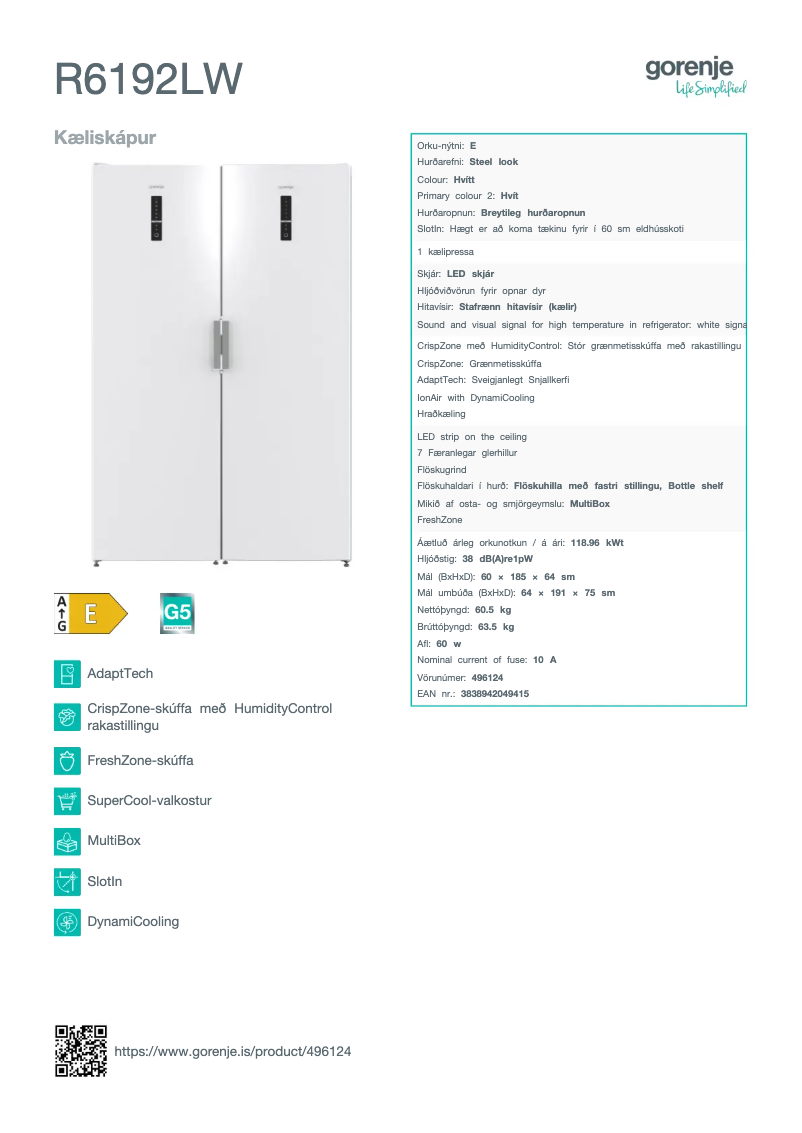 Page n°1 - Fiche technique Gorenje R6192LW