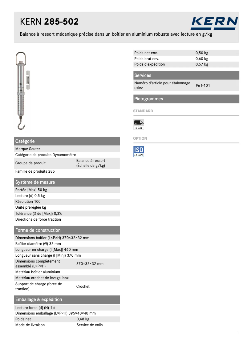 Page 1 de la notice Fiche technique Kern 285-502