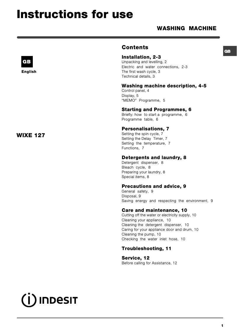 Página 1 del manual Manual de usuario Indesit WIXE 127 (UK) (V)