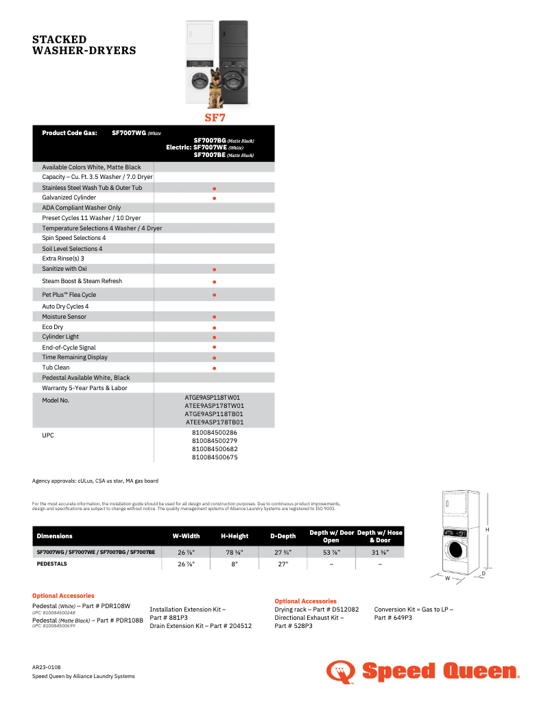 Page n°1 - Fiche technique Speed Queen SF7007WG