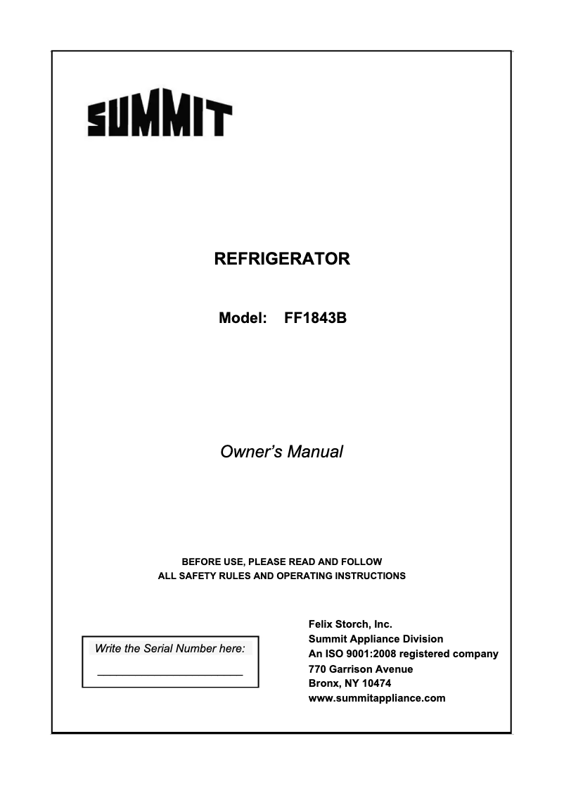 Page 1 de la notice Guide d'installation Summit FF1843B